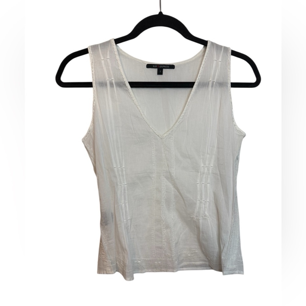 SUD Express White Cotton Beaded Pintuck Cottagecore Fairy Top
